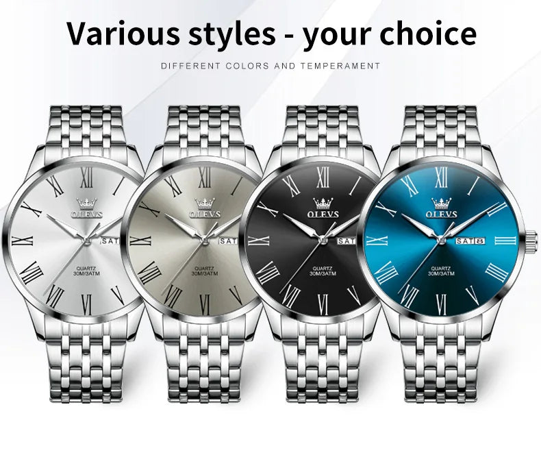 OLEVS 3633 Men's Watch Business Simply Original Quartz Watch for Man Waterproof Luminous Stainless Steel Dual Calendar Display