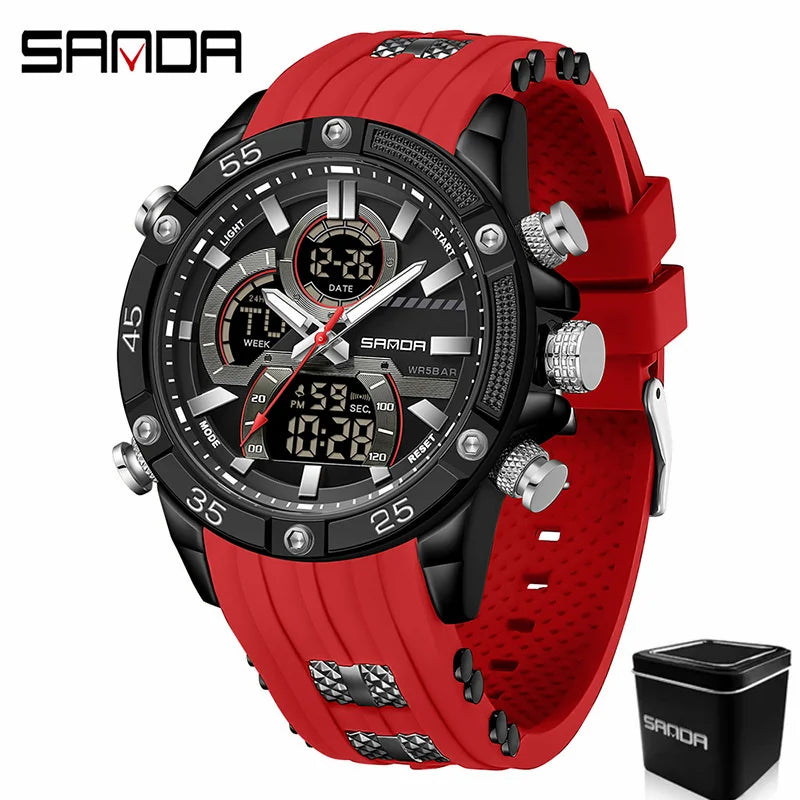 SANDA 6162 Men's Electronic Watch Creative Sports Waterproof Luminous Chronograph Pointer Digital Dual Display Wristwatches