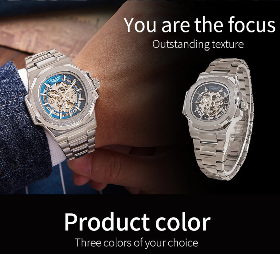 LONGLUX automatic man watch luxury wholesale mechanical wristwatches stainless steel skeleton waterproof mens watch men gift