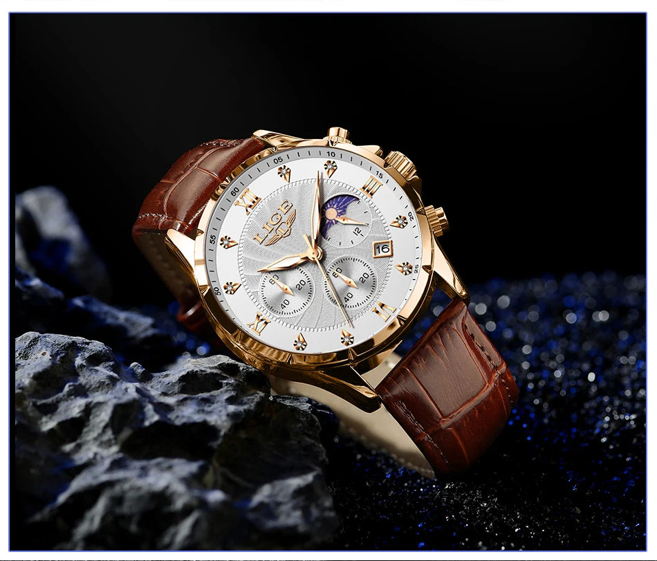 LIGE Men's Watch Luxury Business Luminous Waterproof Leather Watches Moon Phase Week Date Casual Quartz Watch Men Reloj hombre