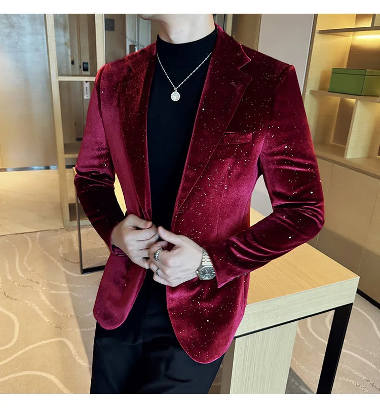 2024 Autumn New Velvet Jacket Men's Blazer Business Fashion Hot Stamping Printed Suit Jacket High-quality Luxury Dress Suit