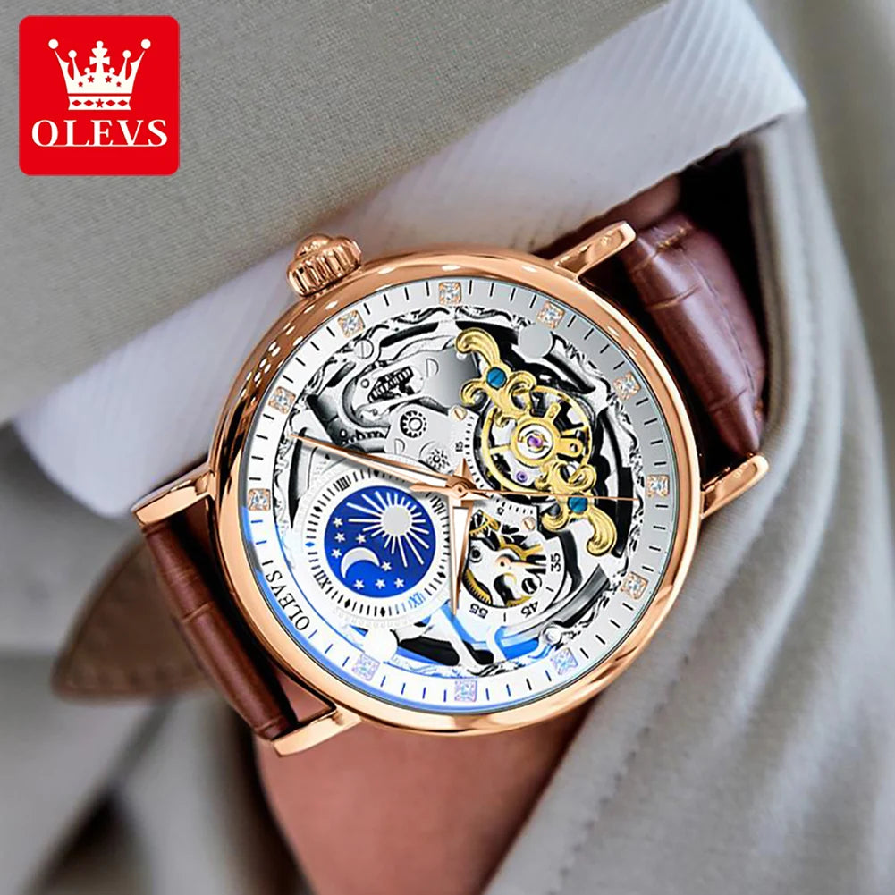 OLEVS Top Brand Luxury Mechanical Watch Men Leather Waterproof Moon Phase Automatic Wristatches Man Clock with Luminous Hands