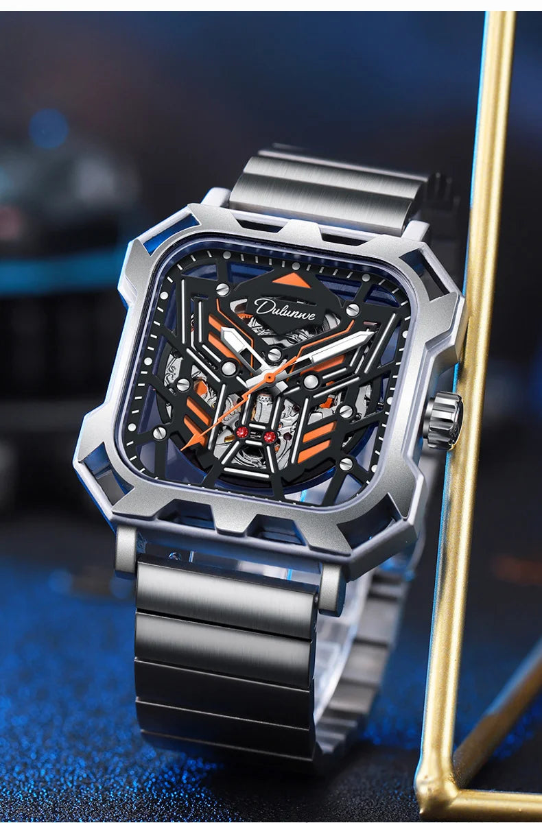 Square Skeleton Dial Mens Watches Top Brand Luxury Luminous Sports Automatic Mechanical Watch Waterproof Steel Reloj Hombre