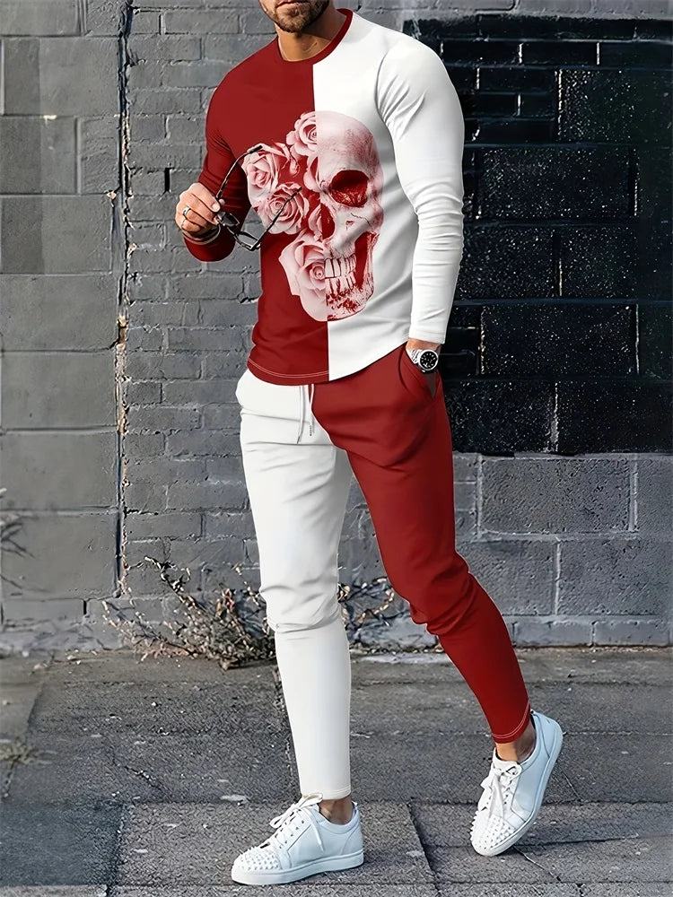 2024 New 3D Skull Print Men's Long Sleeve T-shirt And Pants Autumn Everyday Casual Men's Fashion Halloween Suit Two-piece