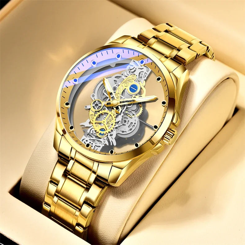 2024 New Men Watch Skeleton Quartz Wristwatch Gold Skeleton Retro Man Watch Top Brand Luxury Clock Mens Watches Reloj Hombre