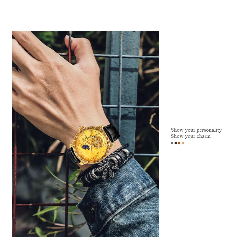 SKROX Original Gold Tiger Diamond Elegant Men's Watch Moon Phase Tourbillon Automatic Mechanical High-end Luxury Male Clockwork