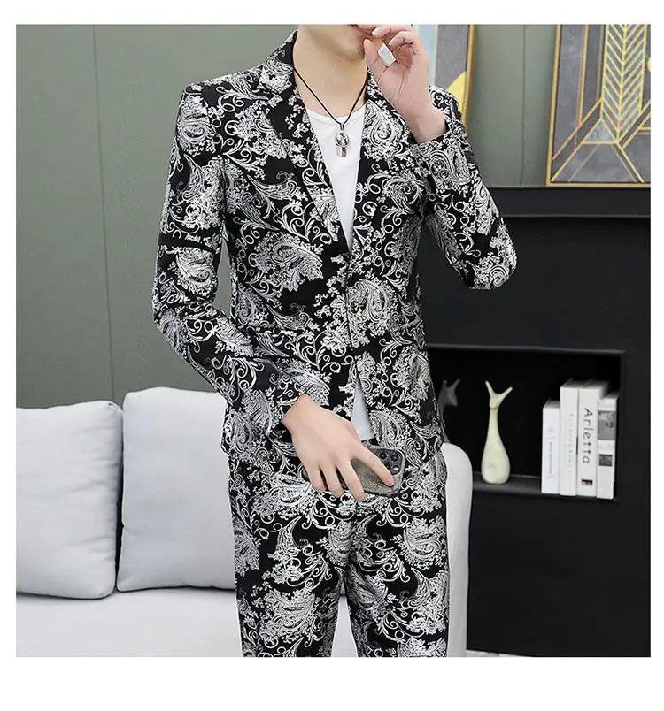 Men's Suit Set Shiny Gold and Silver 2-piece Set Korean Fashion Host Wedding Set Suit Jacket+pants Men's Hot Stamping Clothing