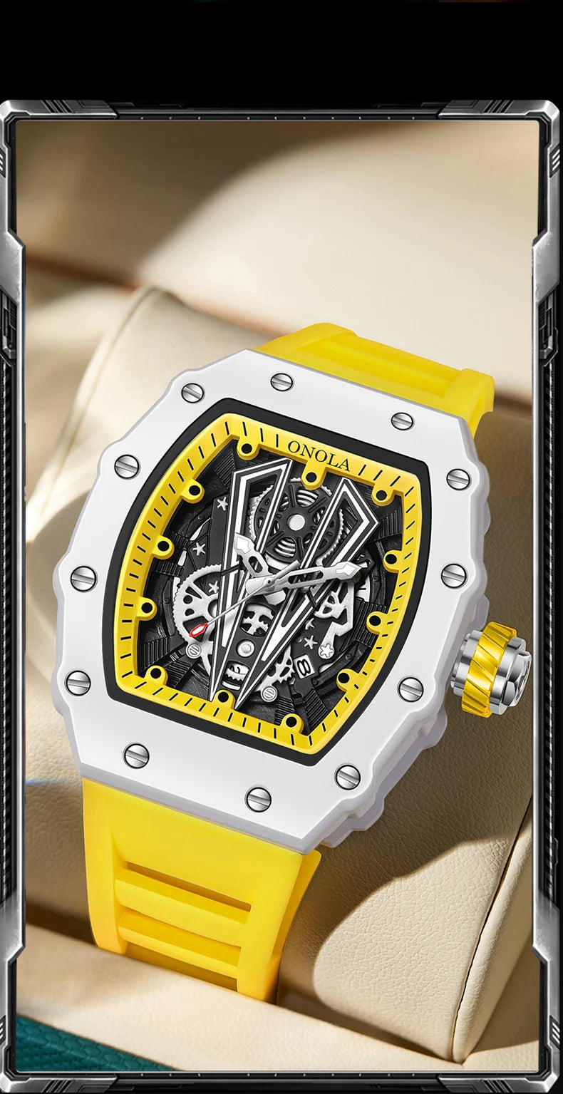ONOLA Tonneau Mens Watch Fashion White Male Clock Luminous Calendar Water Resistant Silicone Tape Watches for Men Reloj Hombre