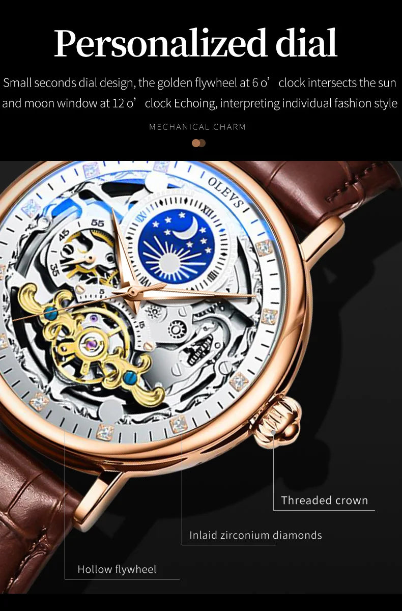 OLEVS Top Brand Luxury Mechanical Watch Men Leather Waterproof Moon Phase Automatic Wristatches Man Clock with Luminous Hands