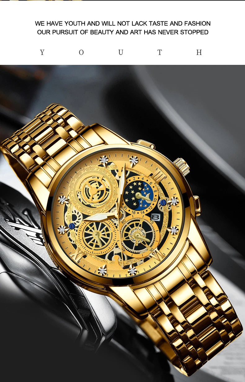 BINBOND B4010 Fashion Casual Quartz Men Watch Luxury Stainless Steel Strap Dial 30M Waterproof Luminous Business Men Wristwatch