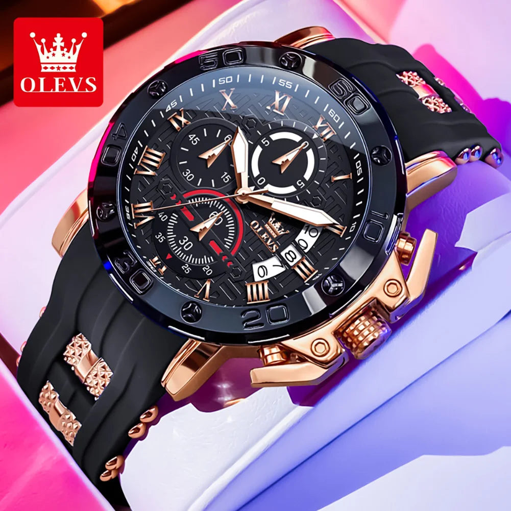 OLEVS 9986 Men Watch Silicone Strap Sports Multi functional Waterproof Luminous Timing Code Watch Luxury Brand Men Quartz Watch