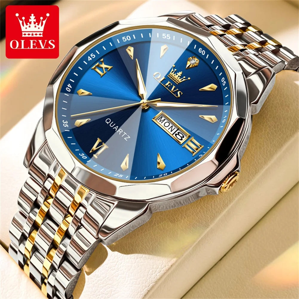 OLEVS 9998 Mens Watch Original Rhombus Mirror Quartz Mature Man Watch Waterproof Luminous Dual Calendar Display Watch For Man