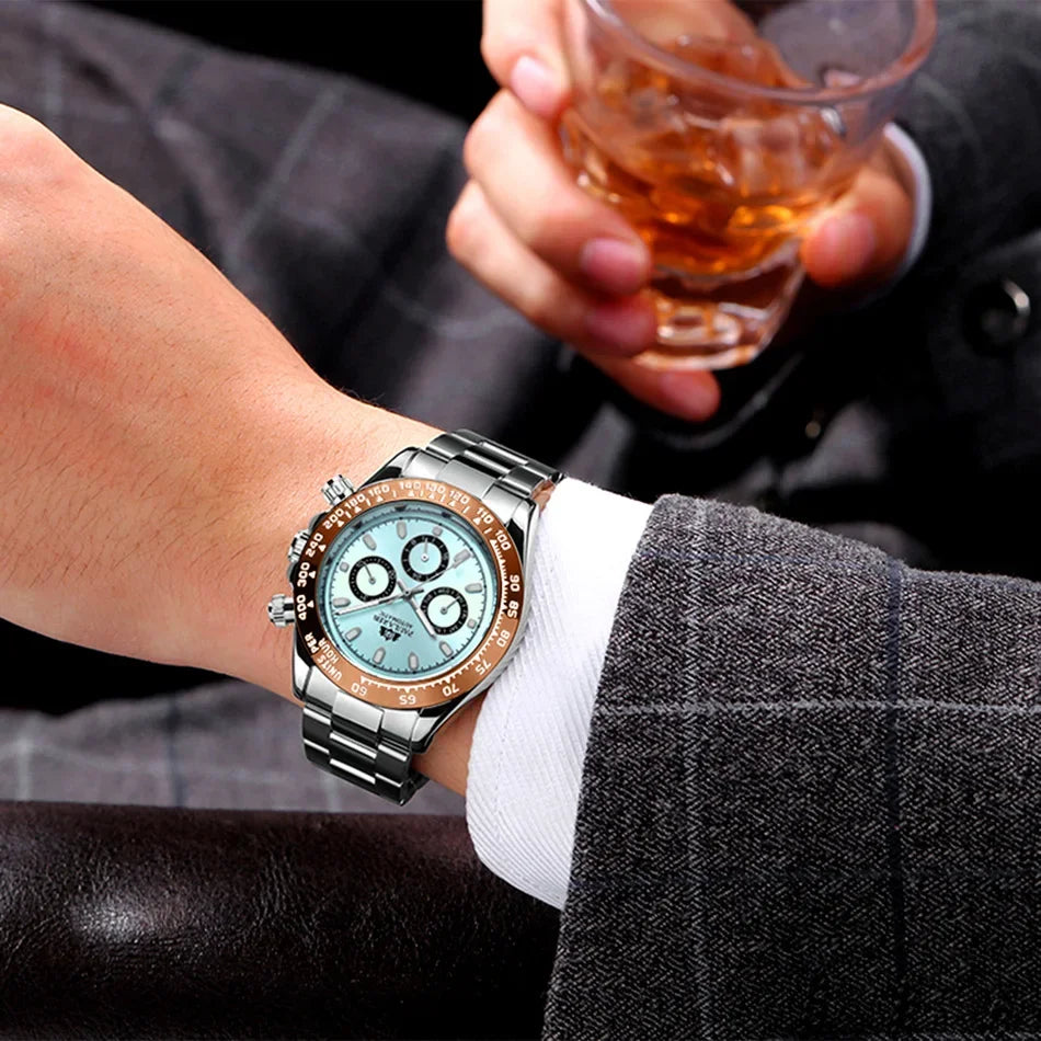 Automatic Watches Self Wind Mechanical Gold Stainless Steel Glacier Ice Blue Dial Chestnut Brown Bezel Luminous Men Watch