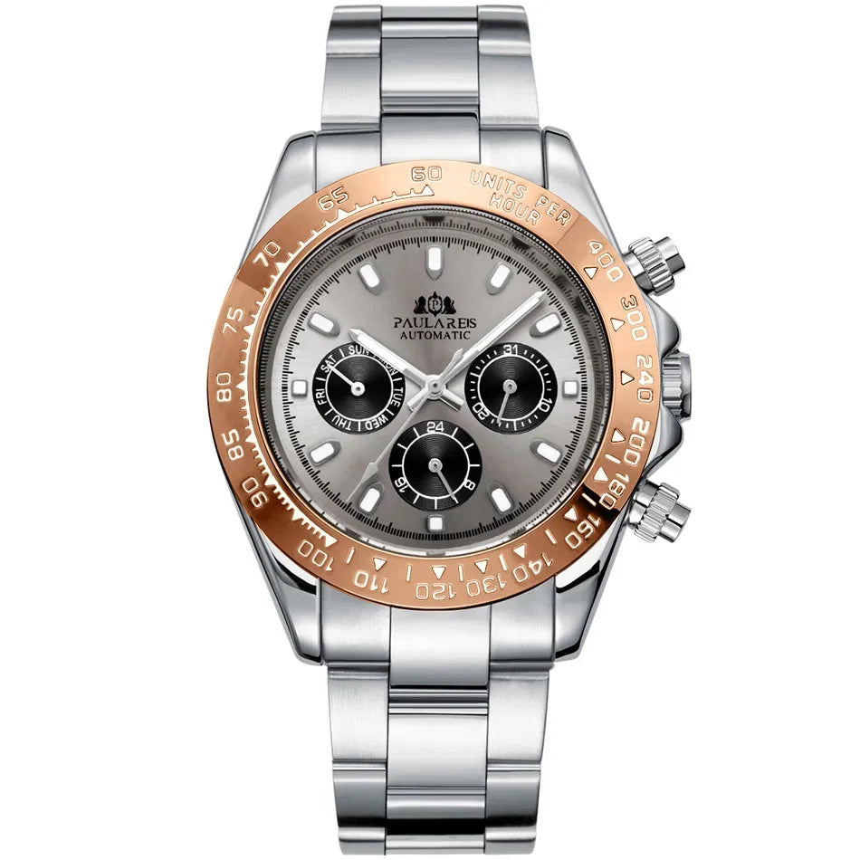 Automatic Watches Self Wind Mechanical Gold Stainless Steel Glacier Ice Blue Dial Chestnut Brown Bezel Luminous Men Watch