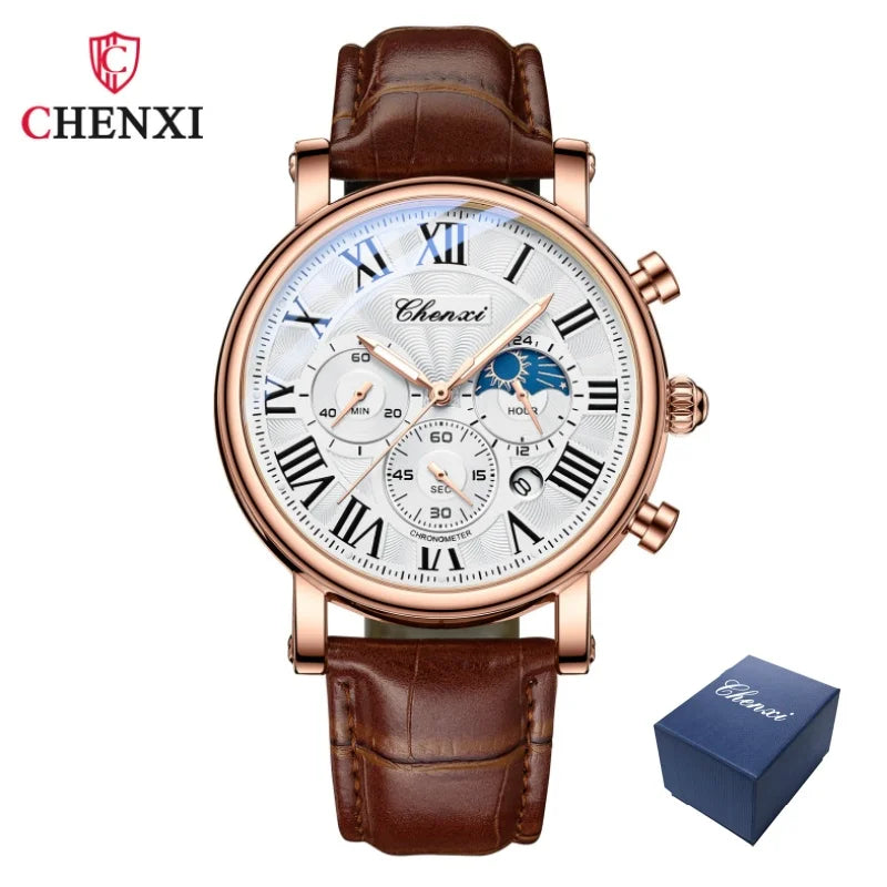 CHENXI 973 Men's Wristwatch Multi-functional Business Watch Moon Phase Date Waterproof Rome Dial Leather Quartz Watches for Man