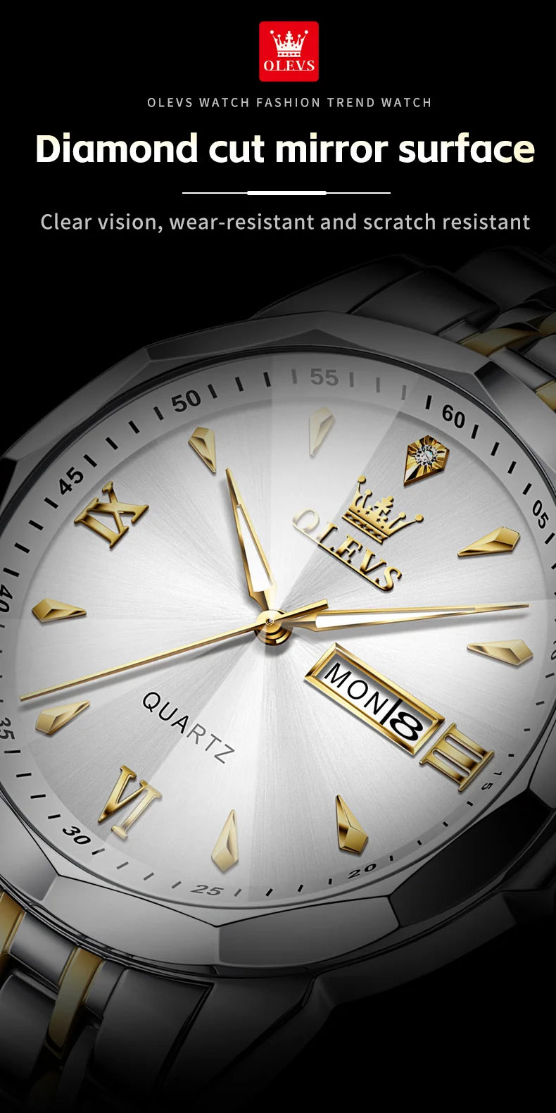 OLEVS 9998 Mens Watch Original Rhombus Mirror Quartz Mature Man Watch Waterproof Luminous Dual Calendar Display Watch For Man