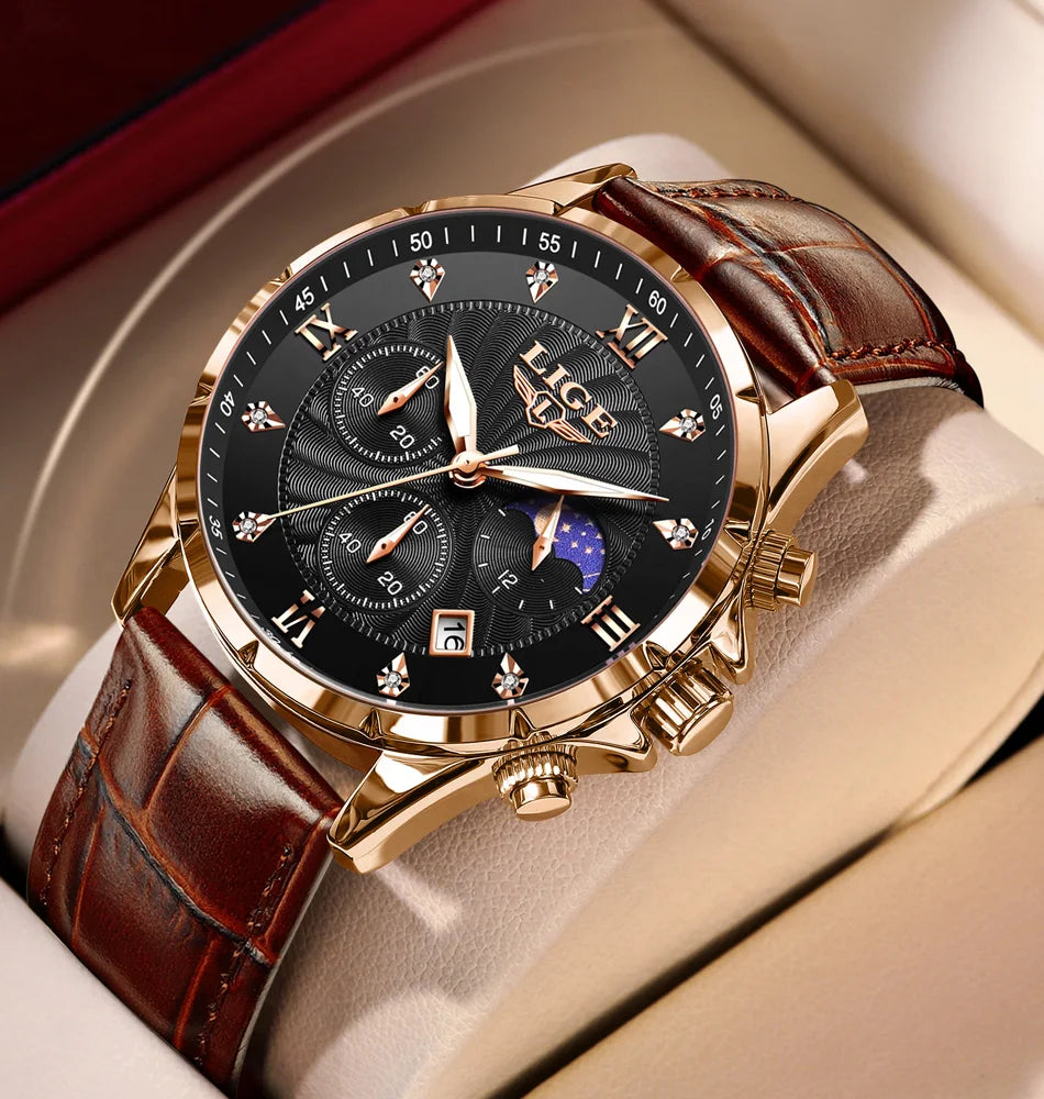 New Mens Watches LIGE Top Brand Luxury Leather Casual Quartz Watch Men's Sport Waterproof Clock Watch Relogios Masculino+Box