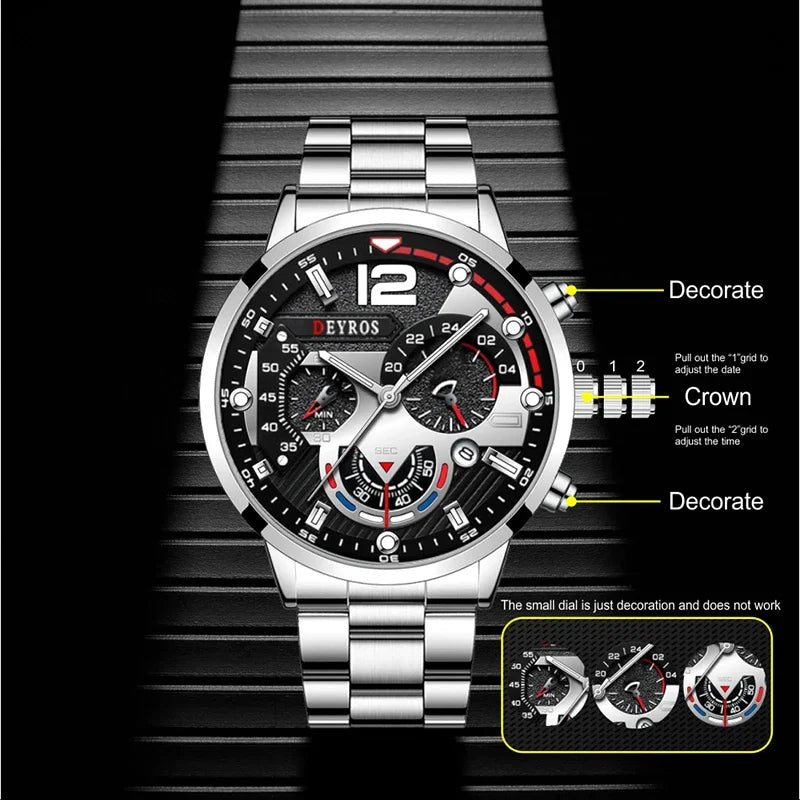 Fashion Mens Stainless Steel Watches Luxury Quartz Wristwatch Calendar Luminous Clock Men Business Casual Watch Reloj Hombre