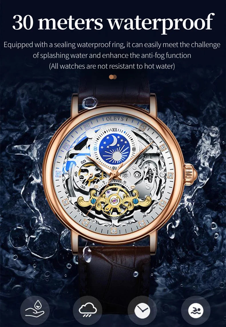 OLEVS Top Brand Luxury Mechanical Watch Men Leather Waterproof Moon Phase Automatic Wristatches Man Clock with Luminous Hands