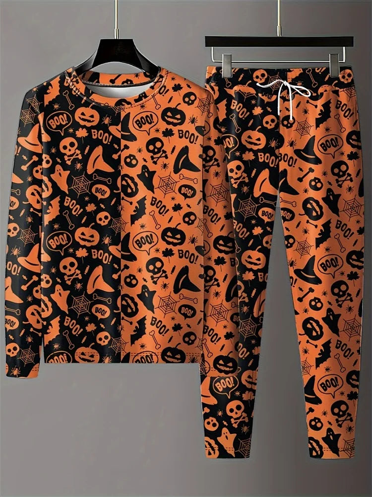 2024 New 3D Skull Print Men's Long Sleeve T-shirt And Pants Autumn Everyday Casual Men's Fashion Halloween Suit Two-piece