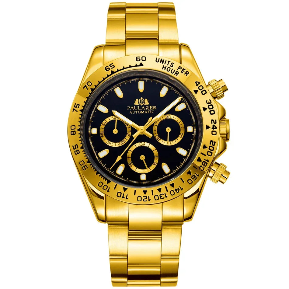 Automatic Watches Self Wind Mechanical Gold Stainless Steel Glacier Ice Blue Dial Chestnut Brown Bezel Luminous Men Watch