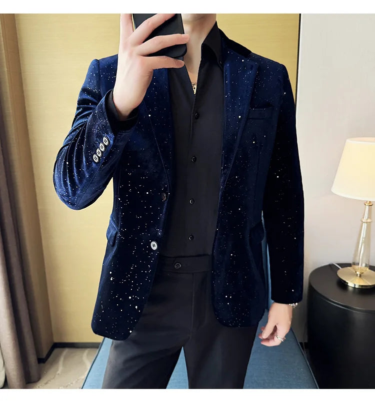 2024 Autumn New Velvet Jacket Men's Blazer Business Fashion Hot Stamping Printed Suit Jacket High-quality Luxury Dress Suit
