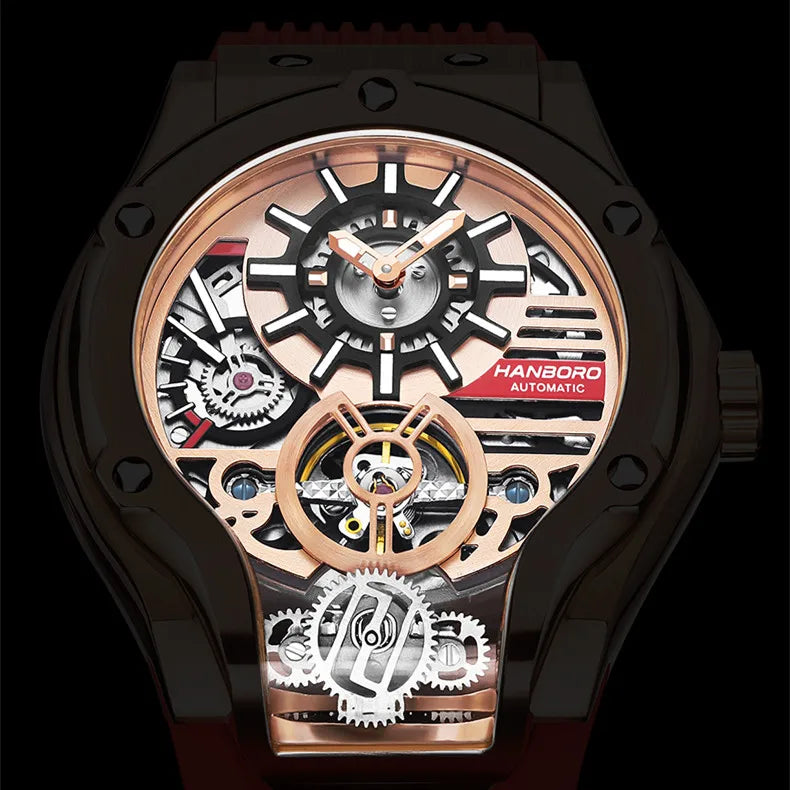HANBORO Car Design Mechanic Watch Luxury Men Watches Mechanical Wristwatches Earth Skeleton Flywheel Watch Orologio Uomo