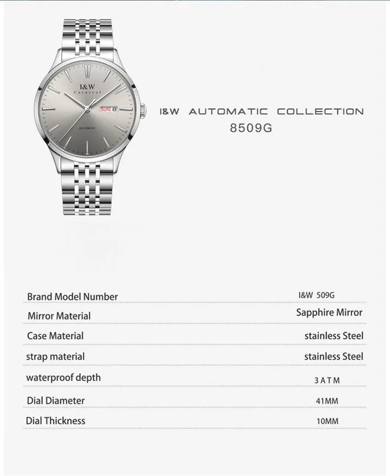 Carnival Iw For Mens Watch Automatic Japan Mechanical Movement Urban Male Wristwatch Date Ss316 Steel Sapphire Crystal Business