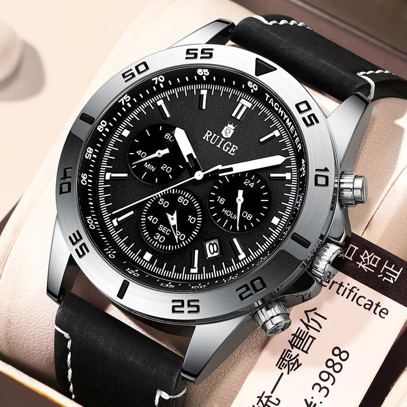 RUIGE Men's Watch Fashionable Men's Multi functional Watch Waterproof Glow Leather Strap Wrist Watch