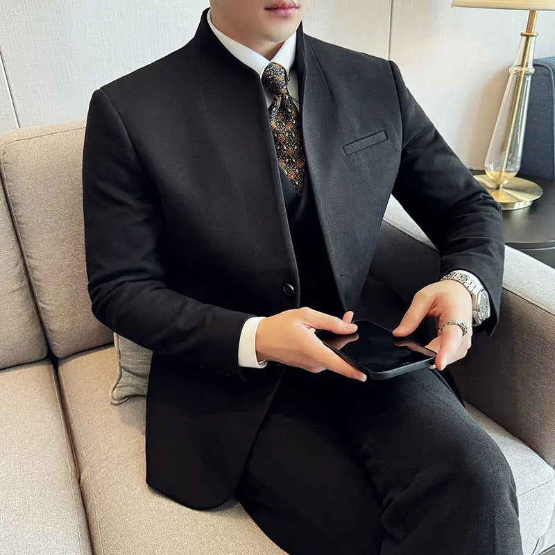 Korean Style Men's Suit Set Slim Fit Business Suit Wool Blazer Three Piece Set Elegant Social Formal Men's Clothing 5XL-M