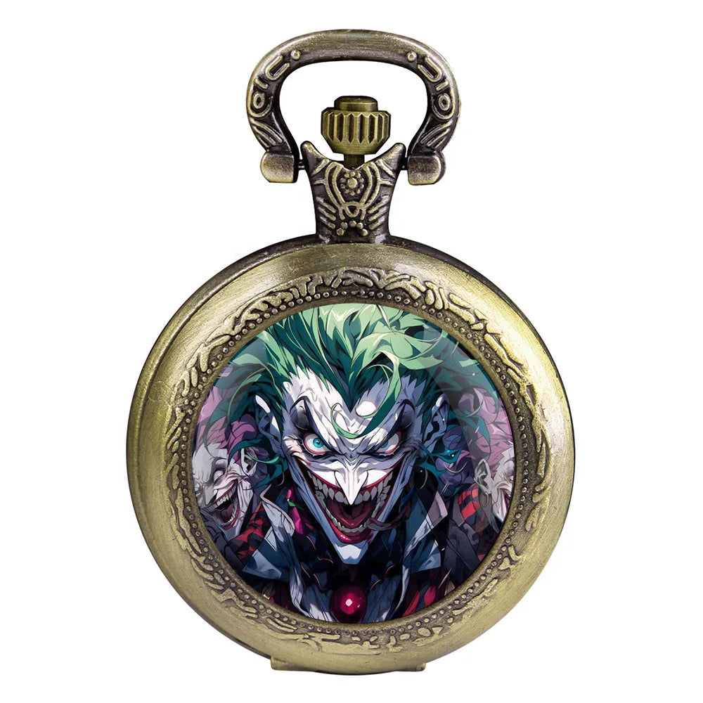Joker Themed Glass Dome Quartz Pocket Watch Classic Arabic Numeral Dial with Durable Chain for Men Creative Gifts