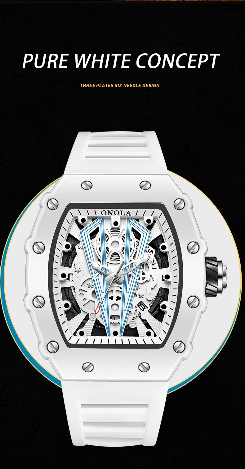 ONOLA Tonneau Mens Watch Fashion White Male Clock Luminous Calendar Water Resistant Silicone Tape Watches for Men Reloj Hombre