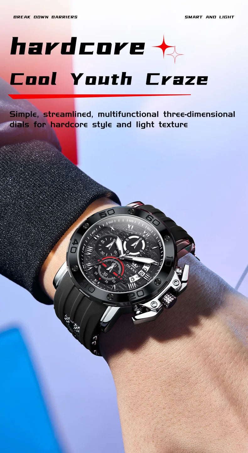 OLEVS 9986 Men Watch Silicone Strap Sports Multi functional Waterproof Luminous Timing Code Watch Luxury Brand Men Quartz Watch