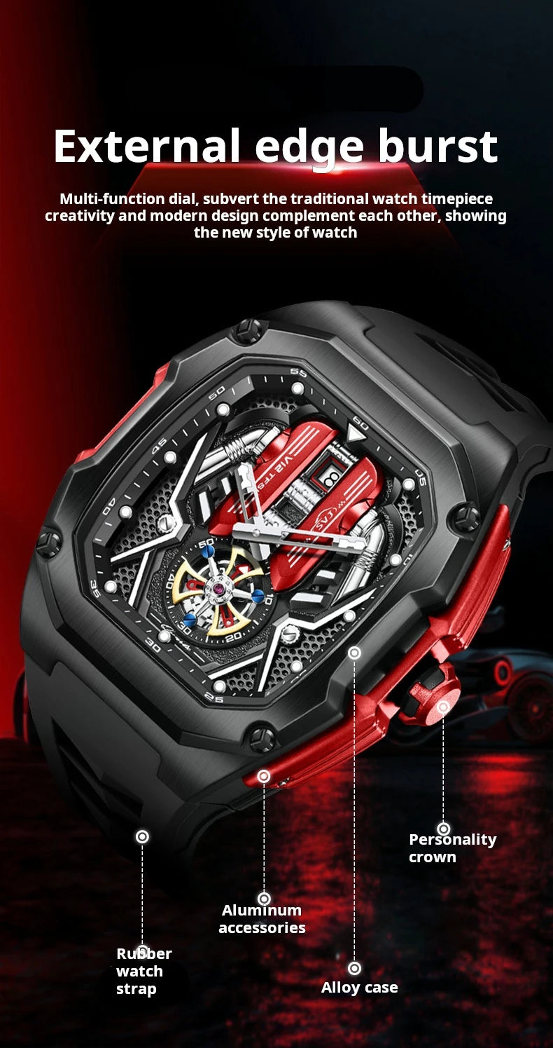 Engine Surface Design Quartz Watch for Men Original Top Brand Rubber strap Waterproof Luminous Date Men's Quartz Watch reloj
