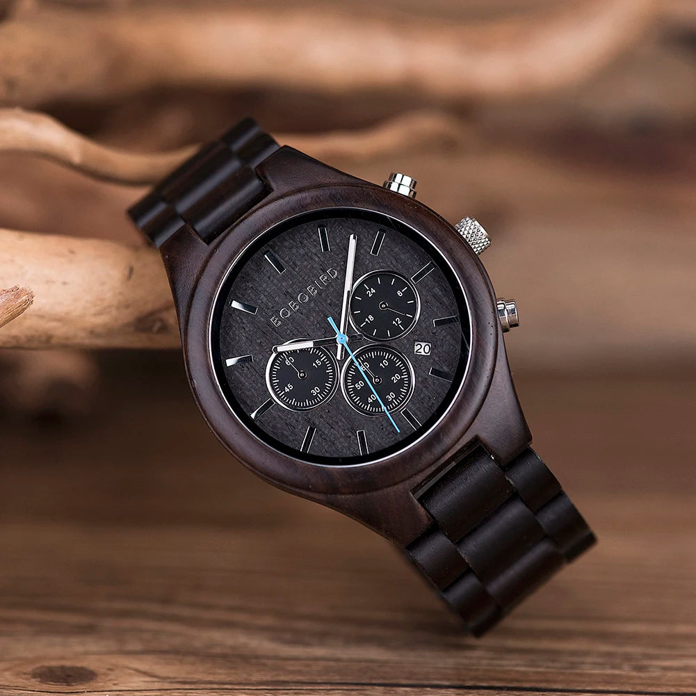 BOBO BIRD Men's Watch 3 Sub Dials Wooden Wrist Watch for Men Casual Quartz Watches Customized Dropshipping