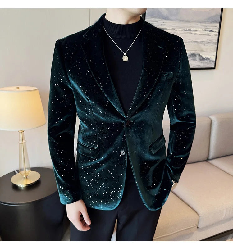 2024 Autumn New Velvet Jacket Men's Blazer Business Fashion Hot Stamping Printed Suit Jacket High-quality Luxury Dress Suit
