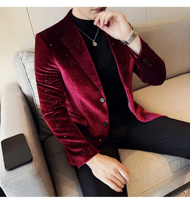 2024 Autumn New Velvet Jacket Men's Blazer Business Fashion Hot Stamping Printed Suit Jacket High-quality Luxury Dress Suit