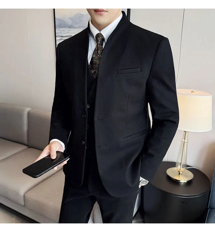 Korean Style Men's Suit Set Slim Fit Business Suit Wool Blazer Three Piece Set Elegant Social Formal Men's Clothing 5XL-M