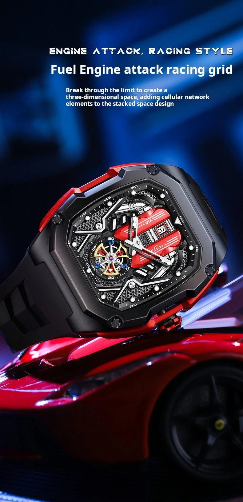 Engine Surface Design Quartz Watch for Men Original Top Brand Rubber strap Waterproof Luminous Date Men's Quartz Watch reloj
