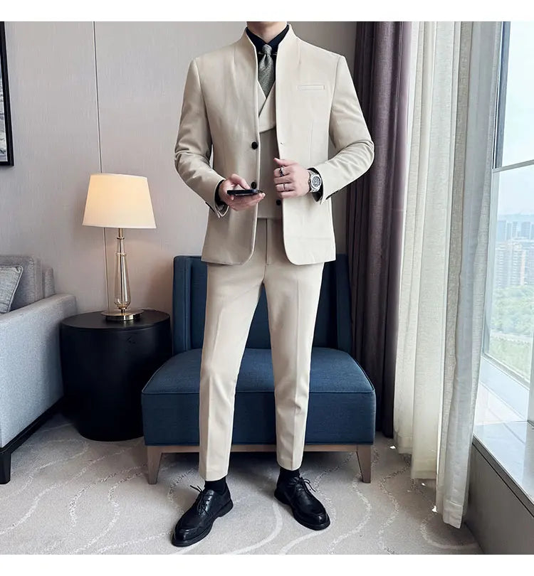 Korean Style Men's Suit Set Slim Fit Business Suit Wool Blazer Three Piece Set Elegant Social Formal Men's Clothing 5XL-M