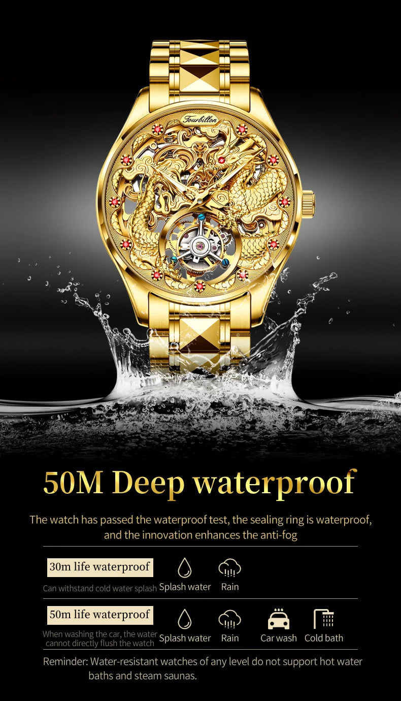 OUPINKE 3176 Luxury High end Fully Automatic Mechanical Tourbillon Watch Full Golden Dragon Dial Watch Sapphire Mirror Men Watch