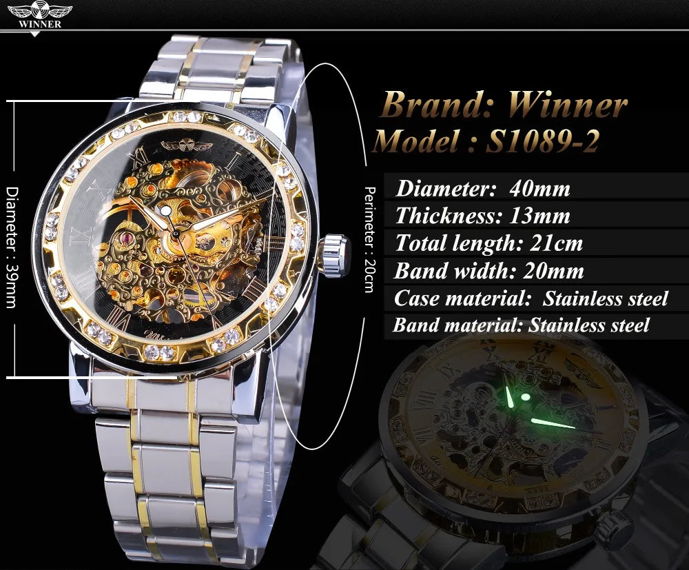 Fashion Winner Hot Top Brand Luxury Men Transparent Diamond Luminou Smovement Male Mechanical Skeleton Royal Design Wrist Watch