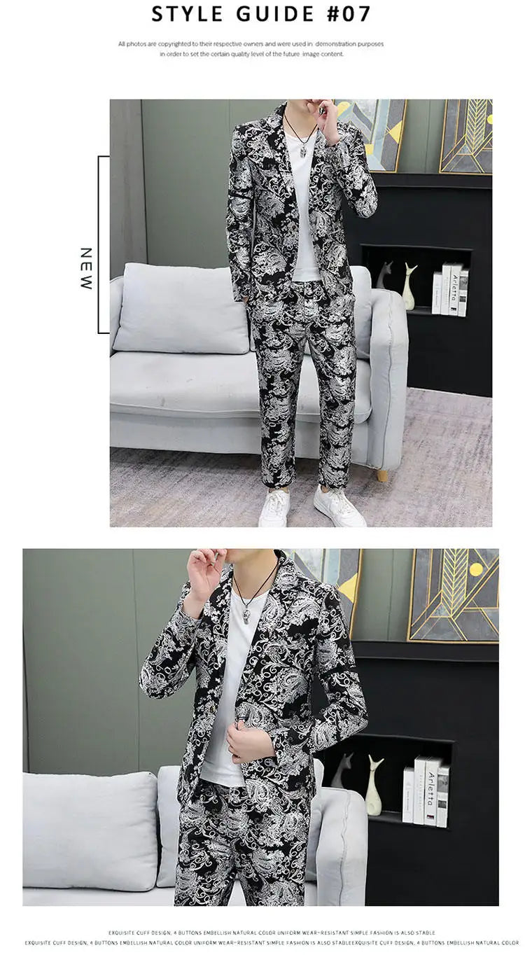 Men's Suit Set Shiny Gold and Silver 2-piece Set Korean Fashion Host Wedding Set Suit Jacket+pants Men's Hot Stamping Clothing