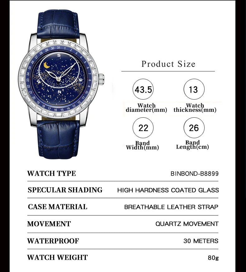 BINBOND Brand Rotating All Over The Sky Empty Diamond Men Watches Fashion Business Sun Moon Stars Waterproof Luminous Men Watch