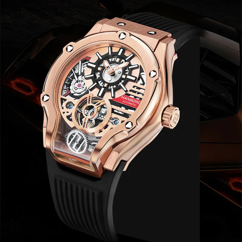 HANBORO Car Design Mechanic Watch Luxury Men Watches Mechanical Wristwatches Earth Skeleton Flywheel Watch Orologio Uomo