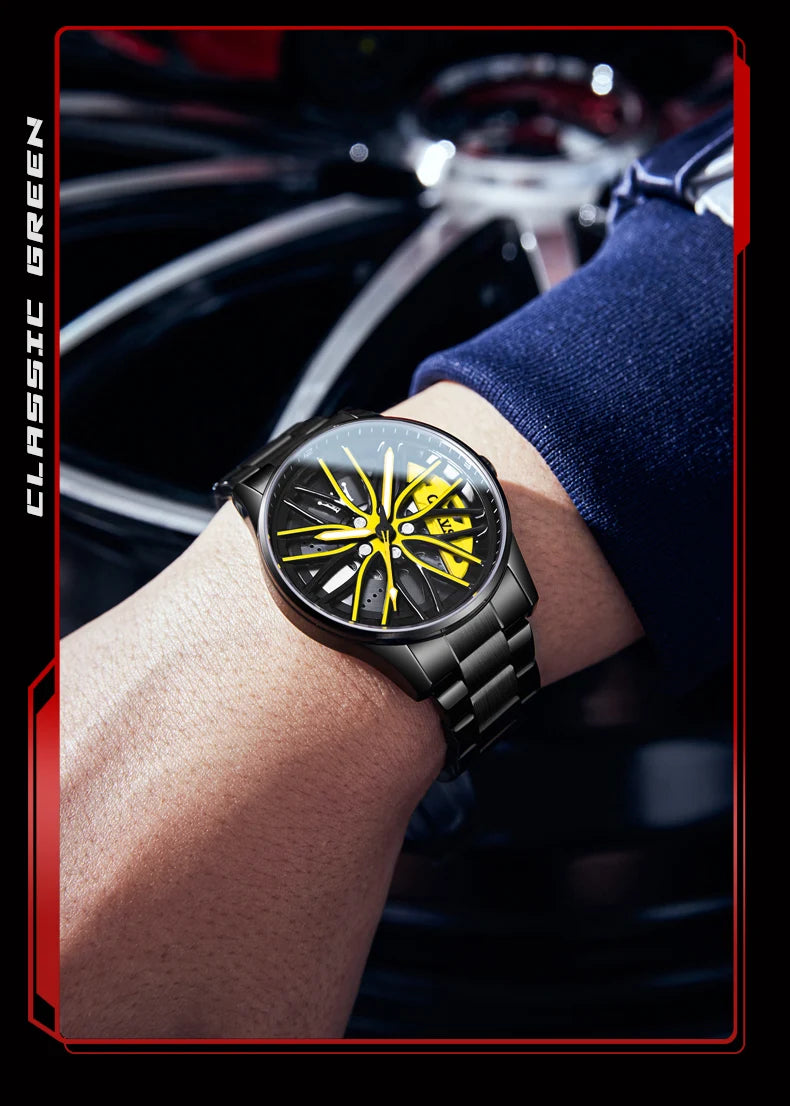 OLEVS Men Quartz Watch Car Wheel Rim Hub Dial Male Wristwatch Cool Man Black Red Waterproof Watches Full Steel Relogio Masculino