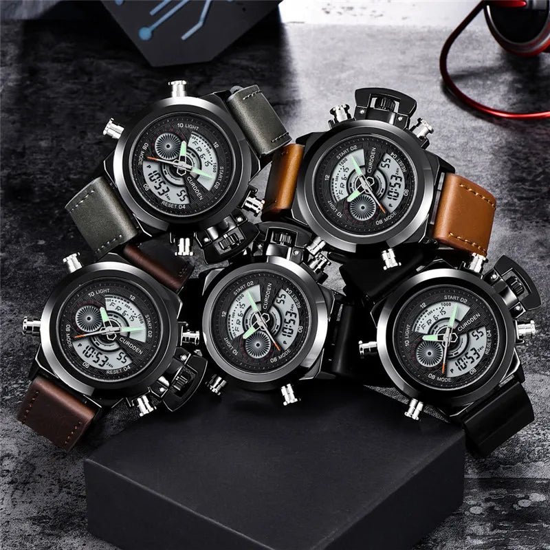 Men Original CURDDEN Brand Dual Time Watches Fashion Leather Band Chronograph Military Multi-function Sports Watch Reloj Hombre
