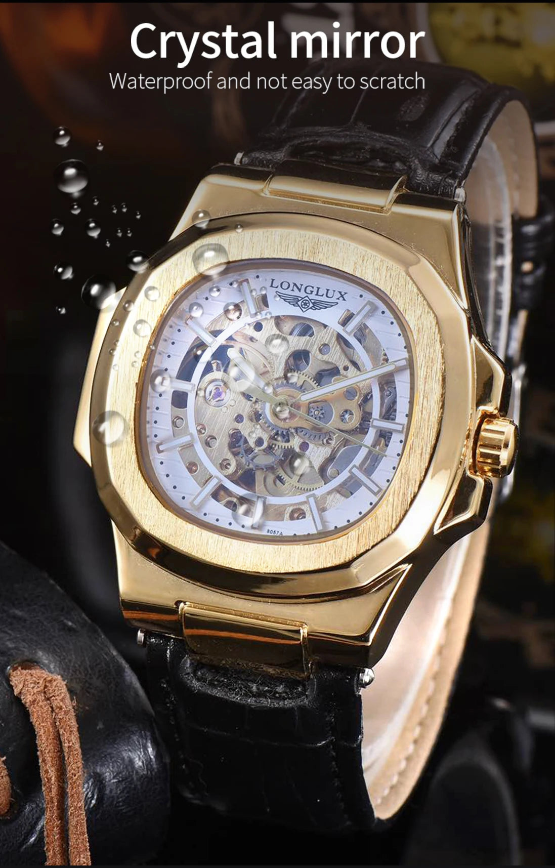 LONGLUX automatic man watch sport style wholesale mechanical wristwatches fashion hollow leather man watch men gift