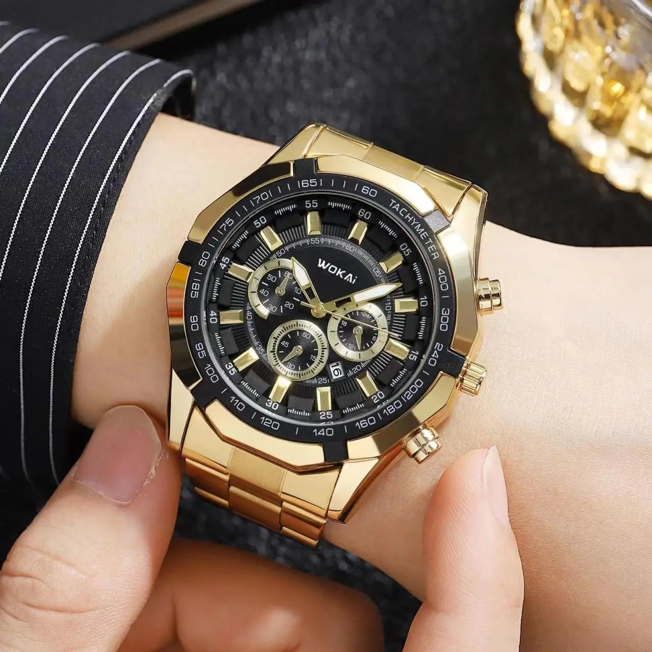 WOKAI Fashion Business Multi-functional steel band Quartz Men's luxury Tungsten steel Watch Boys Girls Student Retro clock