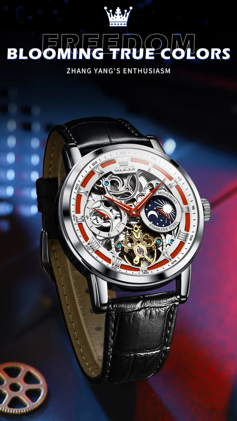 OLEVS Mens Watches Top Brand Luxury Moon Phase Tourbillon Mechanical Watch for Men Automatic Skeleton Watch Relogio Masculino